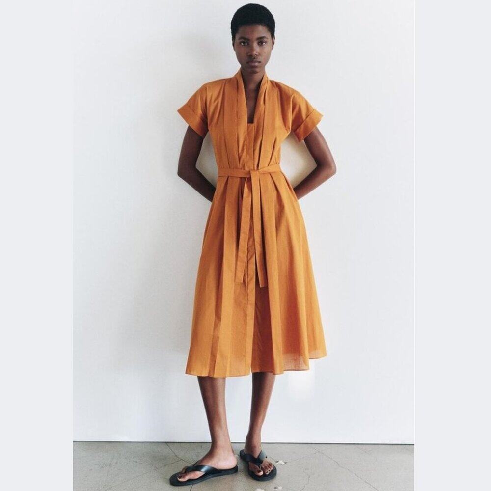 RARE ZARA Burnt Orange Cotton Midi Dress NWT - Picture 5 of 16
